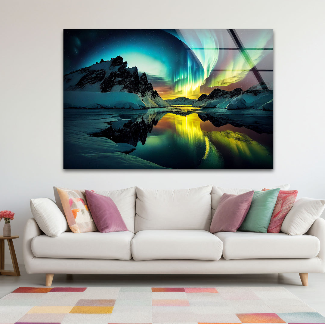 Aurora Borealis Glass Wall Art – Northern Lights Over Arctic Mountains