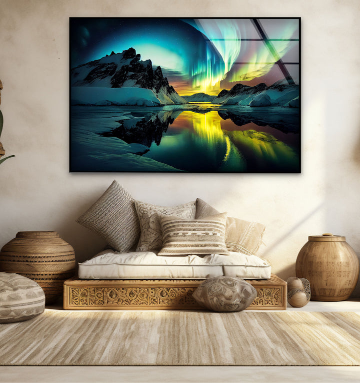 Aurora Borealis Glass Wall Art – Northern Lights Over Arctic Mountains