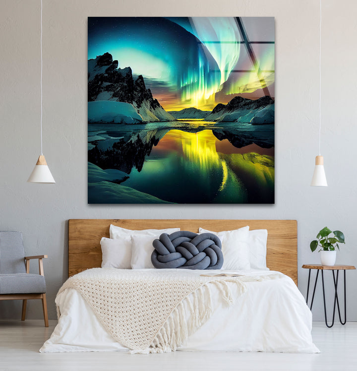 Aurora Borealis Glass Wall Art – Northern Lights Over Arctic Mountains