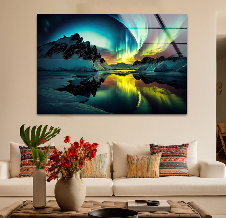 Aurora Borealis Glass Wall Art – Northern Lights Over Arctic Mountains