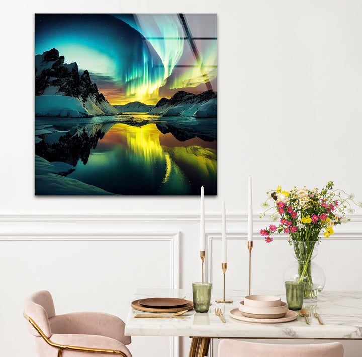 Aurora Borealis Glass Wall Art – Northern Lights Over Arctic Mountains