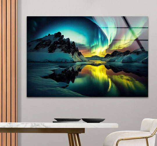 The darkest area highlights the stark mountain reflections in the water, complemented by the vibrant Aurora Borealis in this glass wall art decor featuring the Northern Lights.