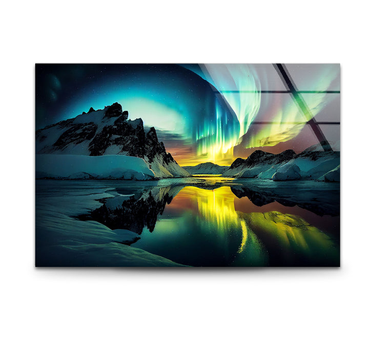 Aurora Borealis Glass Wall Art – Northern Lights Over Arctic Mountains