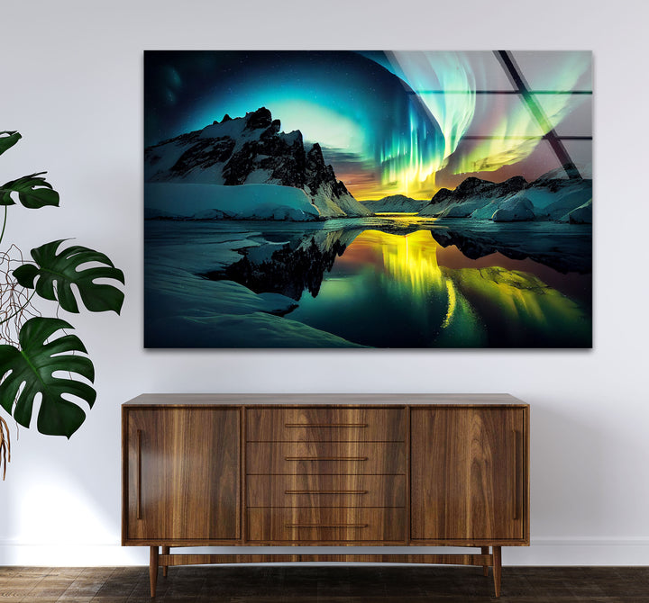 Aurora Borealis Glass Wall Art – Northern Lights Over Arctic Mountains