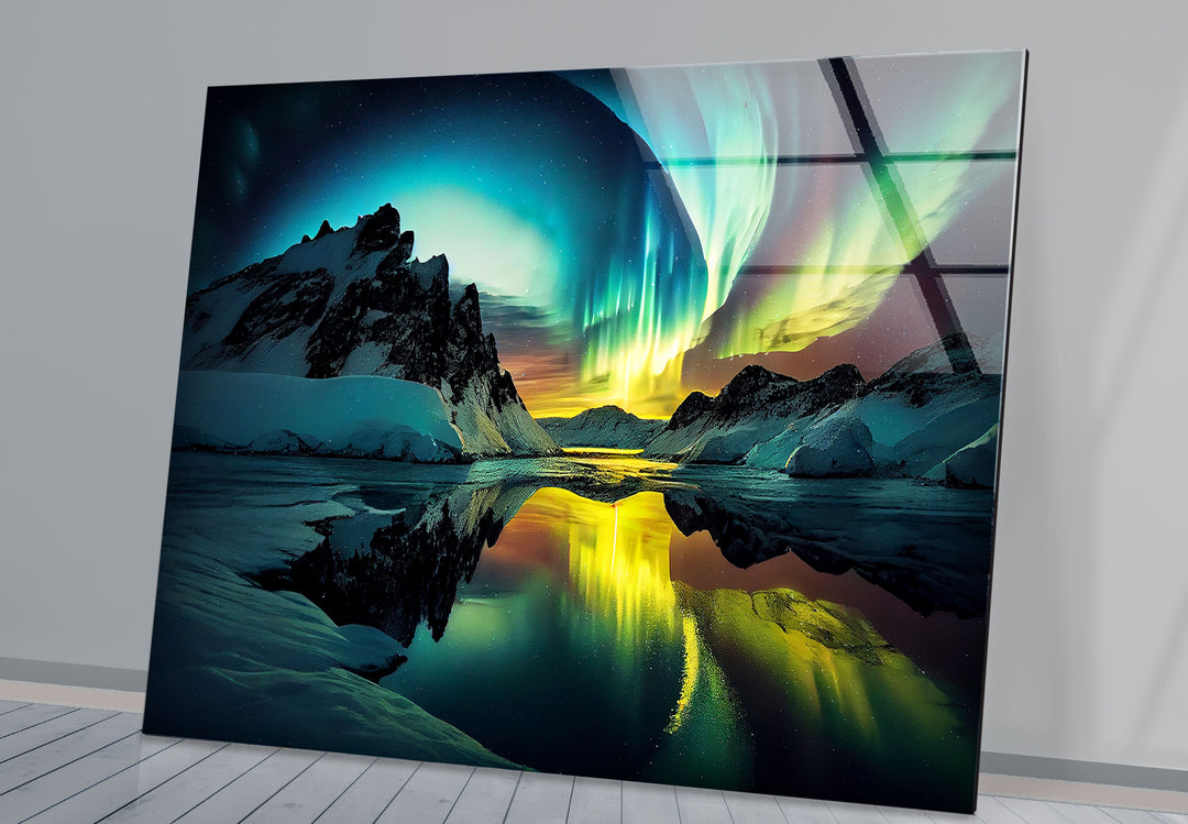 Aurora Borealis Glass Wall Art – Northern Lights Over Arctic Mountains