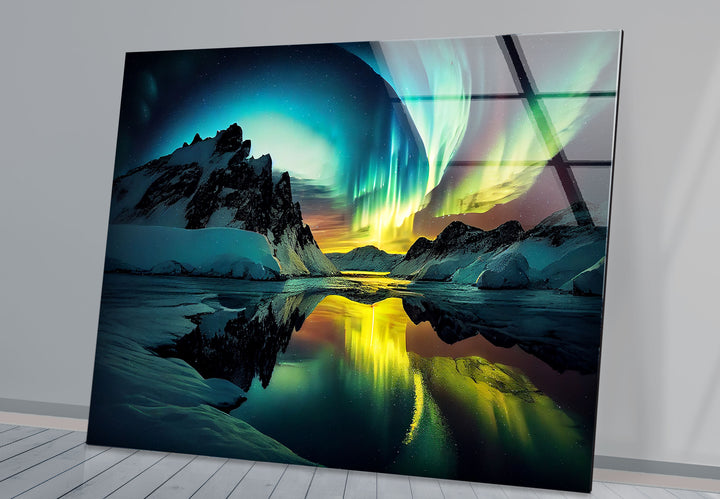 Aurora Borealis Glass Wall Art – Northern Lights Over Arctic Mountains