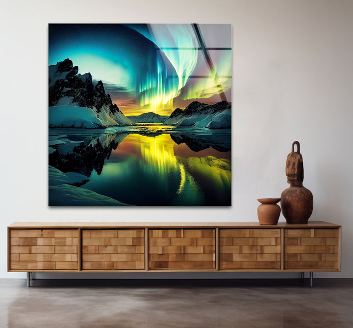 Aurora Borealis Glass Wall Art – Northern Lights Over Arctic Mountains