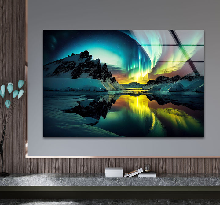 Aurora Borealis Glass Wall Art – Northern Lights Over Arctic Mountains
