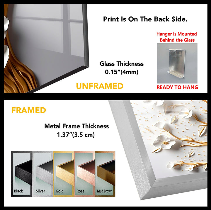 Gold and White Flower Tree Glass Wall Art