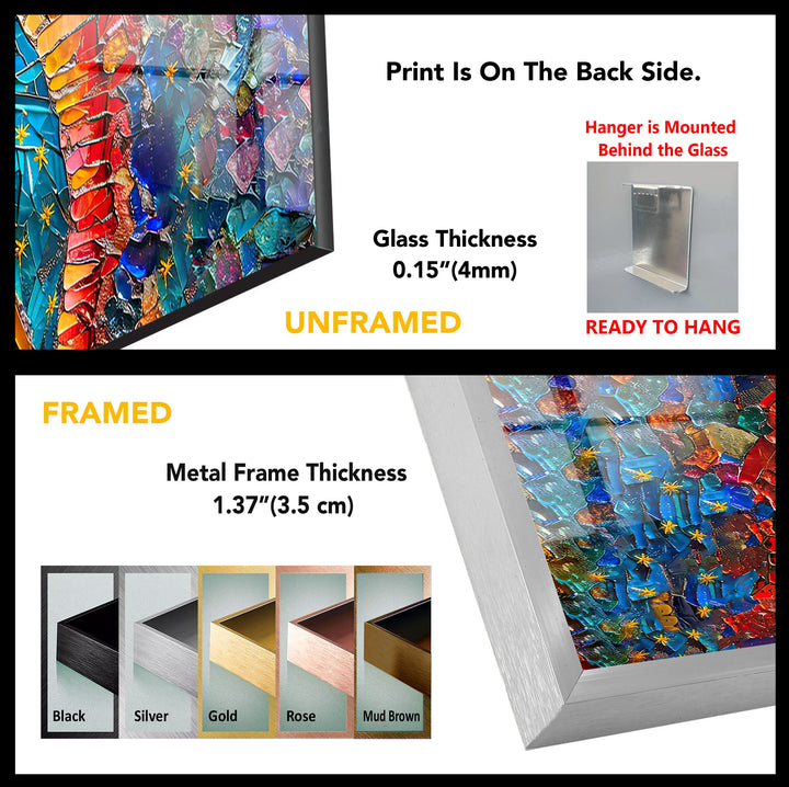 The intensely saturated colors of this mosaic-style tempered glass wall art feature vibrant blues, reds, and yellows, creating a radiant religious artwork.