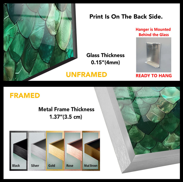Vibrant emerald green layered scale texture creates the loudest visual impact on this abstract glass wall art decor.