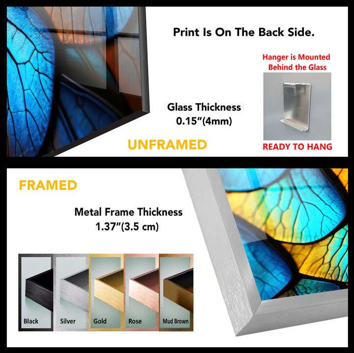 Blue Gold Leaf Texture Wall Art – Abstract Nature Pattern Glass Print