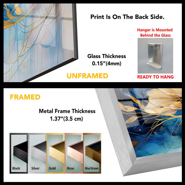 Golden Floral Fantasy Wall Art – Abstract Blue and Yellow Flower Glass Print for Elegant Interiors - MyPhotoStation