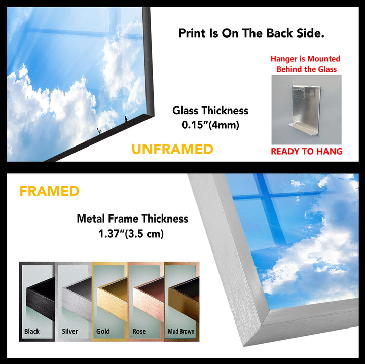 Heavenly Sky Light Rays Wall Art – Blue Cloudscape Glass Print for Uplifting Decor