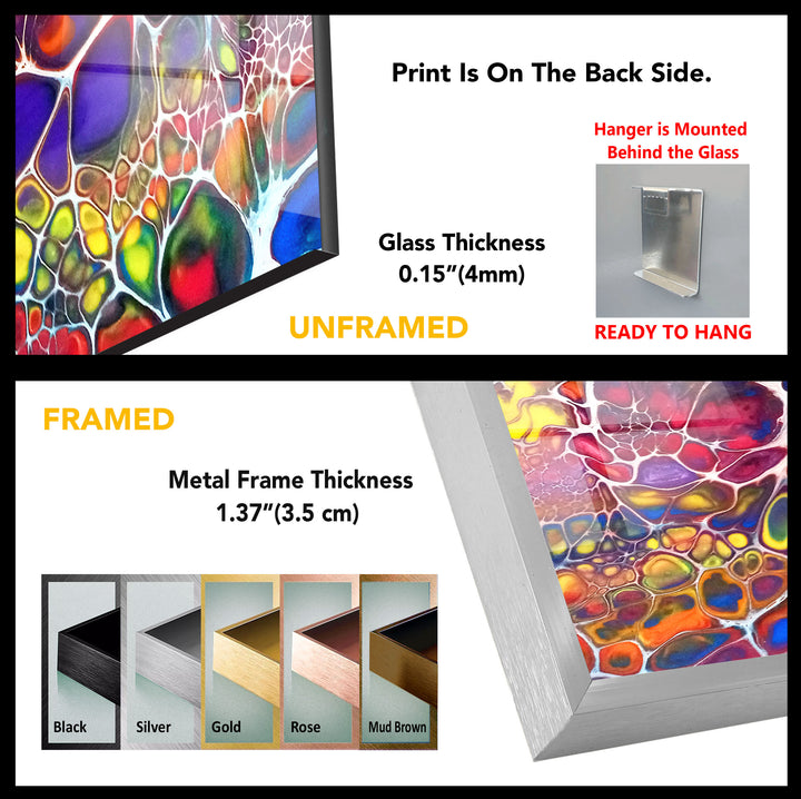 Farbenfrohe abstrakte Glaswandkunst – Lebendiges Fraktaldesign für moderne Innenräume