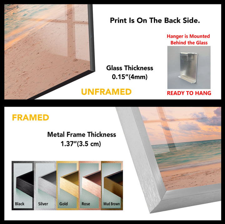 Pastel Beach Sunset Wall Art – Tranquil Ocean Shoreline Glass Print for Calm Spaces