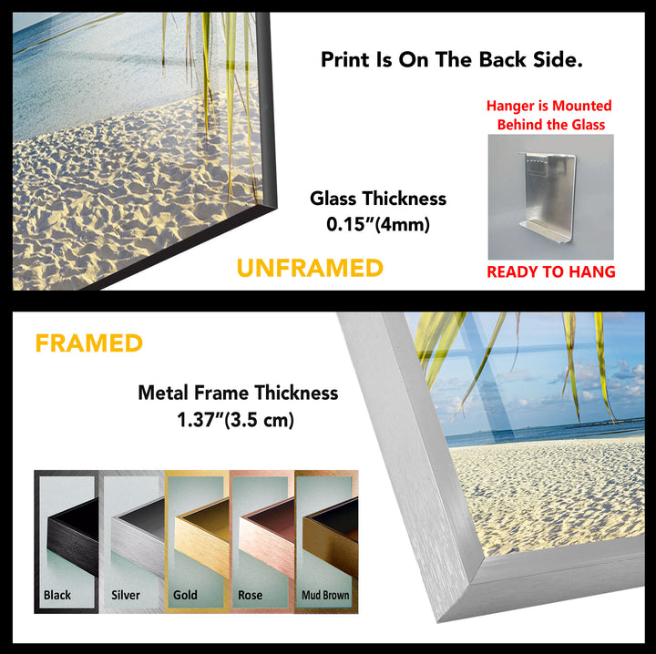 Tropical Palm Beach Wall Art – White Sand and Ocean Glass Print for Coastal Decor