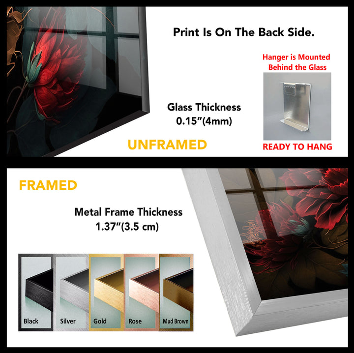 Dark Floral Elegance Wall Art – Red & Gold Botanical Glass Print