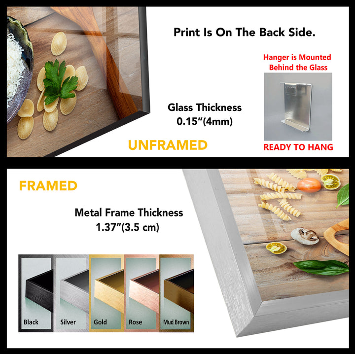 Rustic Italian Kitchen Wall Art – Culinary Glass Print Featuring Pasta, Spices & Wooden Utensils