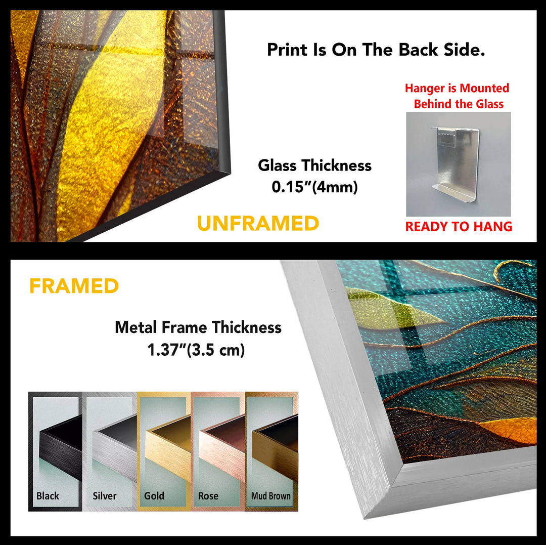 Golden Leaf Tree Glass Wall Art – Elegant Botanical Design with Teal & Amber Accents - MyPhotoStation