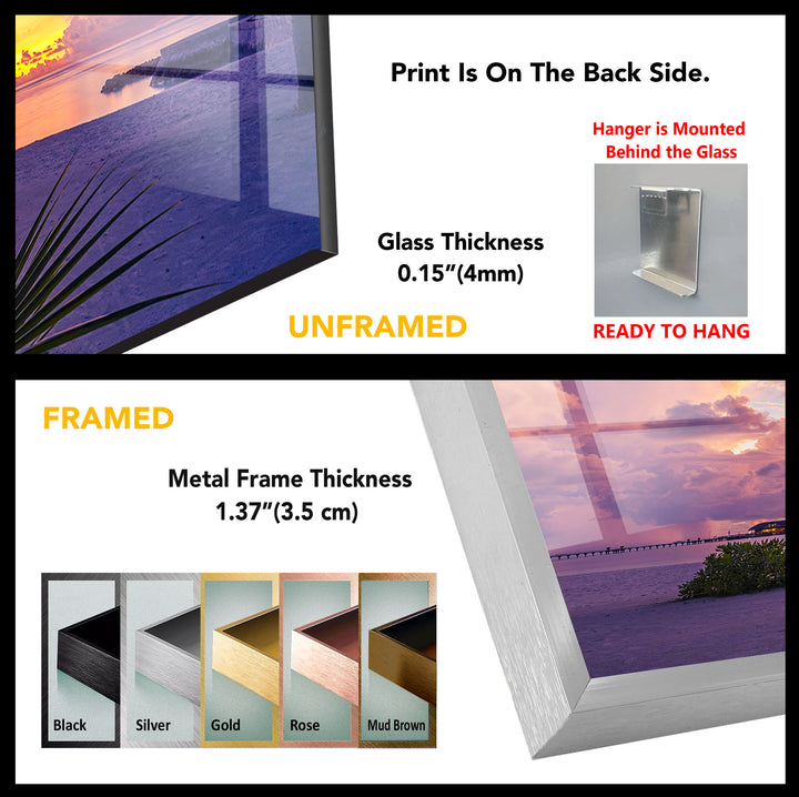 Tropical Sunset Beach Wall Art – Vibrant Palm Tree Ocean Scene Glass Print for Relaxing Home Decor