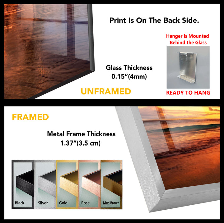 Fiery Tropical Sunset Wall Art – Vibrant Beach Reflection Glass Print for Bold Interiors