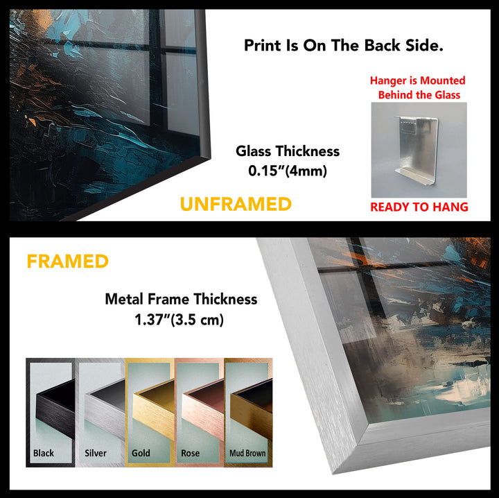 Modern Abstract Brushstroke Glass Wall Art – Teal and Copper Splash Print