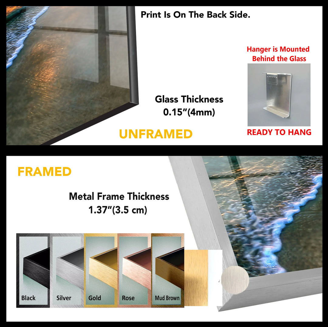 Tropical Sunset Beach Scene – Ocean Wave Glass Wall Art with Island Silhouette - MyPhotoStation