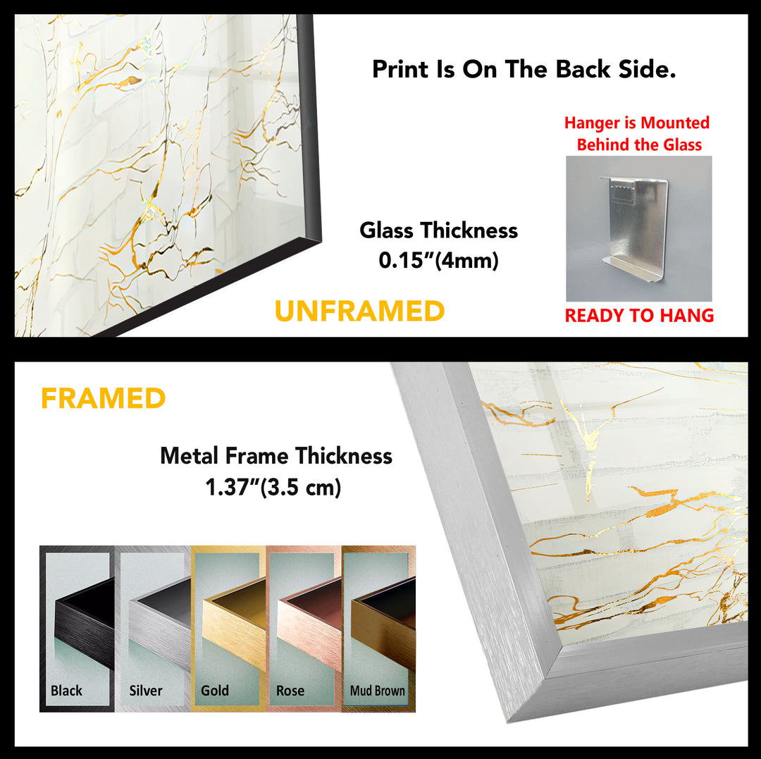 White Marble Texture Glass Wall Art with Gold Veins – Modern Minimalist Decor