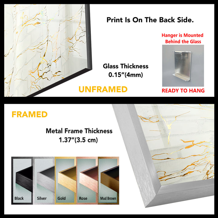 White Marble Texture Glass Wall Art with Gold Veins – Modern Minimalist Decor