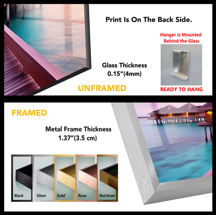 Maldives Sunset Resort Wall Art – Tropical Overwater Bungalows Glass Print Decor