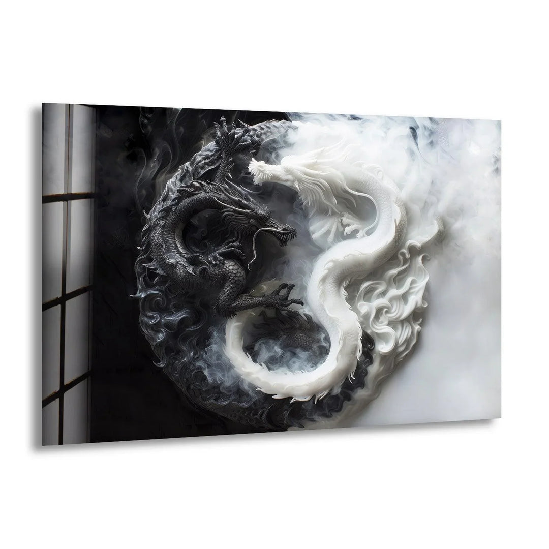 Black and white glass wall art depicting two opposing dragons intertwined in a dramatic yin-yang composition.