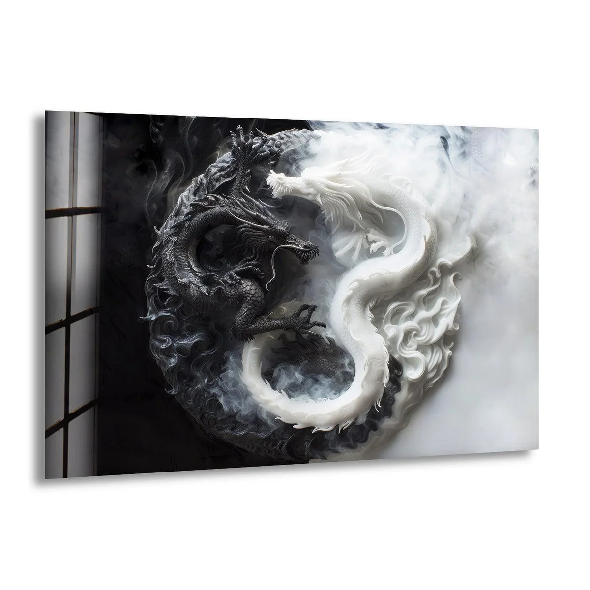 Elegant glass wall art decor depicts swirling organic forms of two dragons locked in a yin yang embrace.