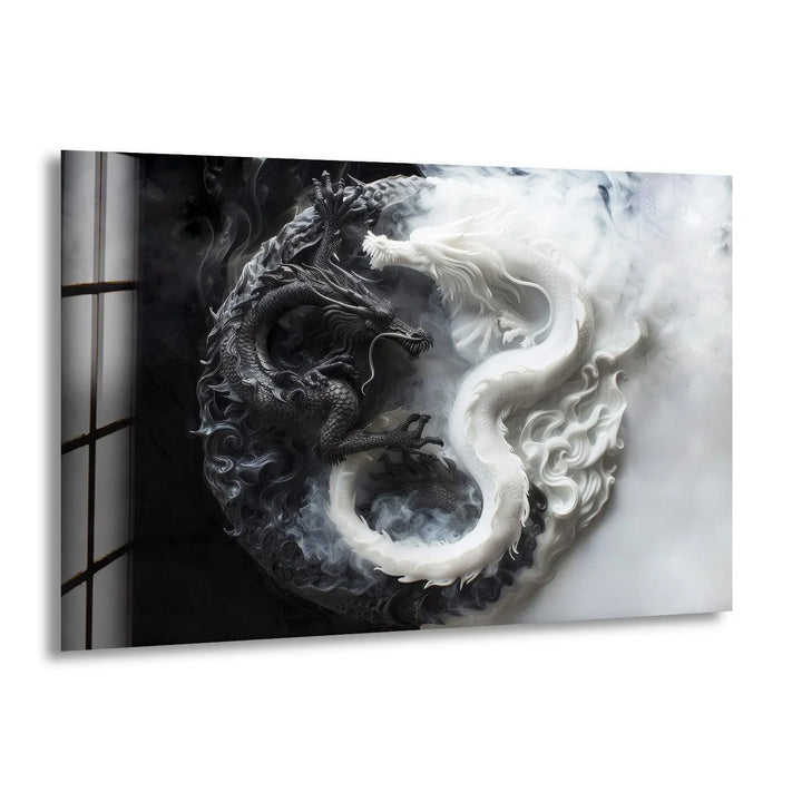 Black and white glass wall art depicting two opposing dragons intertwined in a dramatic yin-yang composition.
