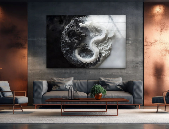 Black and white dragon artwork on glass expressing balance with dark and light creatures merging.