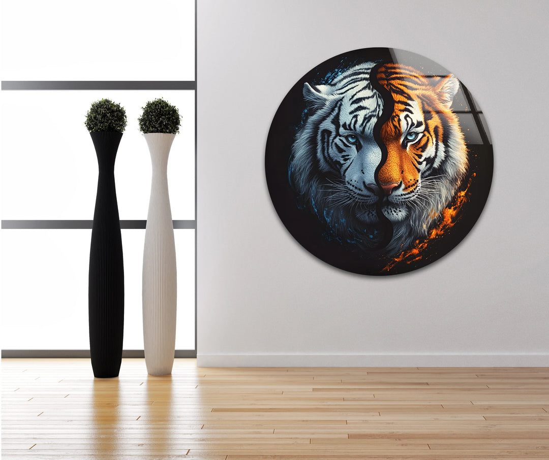 Dramatic glass wall art depicting a yin-yang inspired tiger face blending icy blue and warm orange hues.