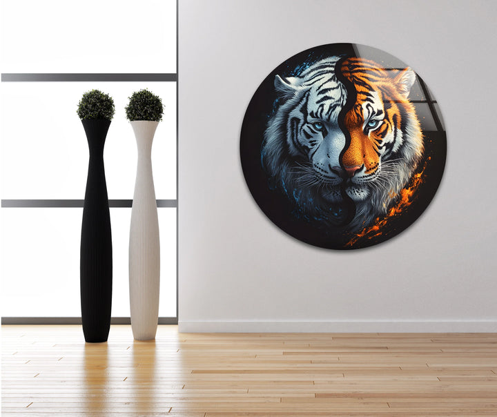 Dramatic glass wall art depicting a yin-yang inspired tiger face blending icy blue and warm orange hues.