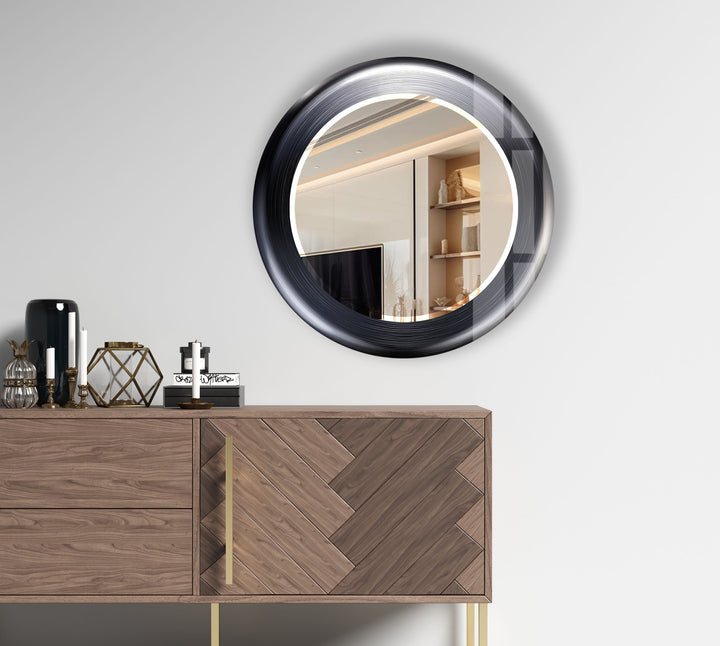 Modern Round Glass Wall Mirror – Sleek Black Frame, Minimalist Living Room Accent