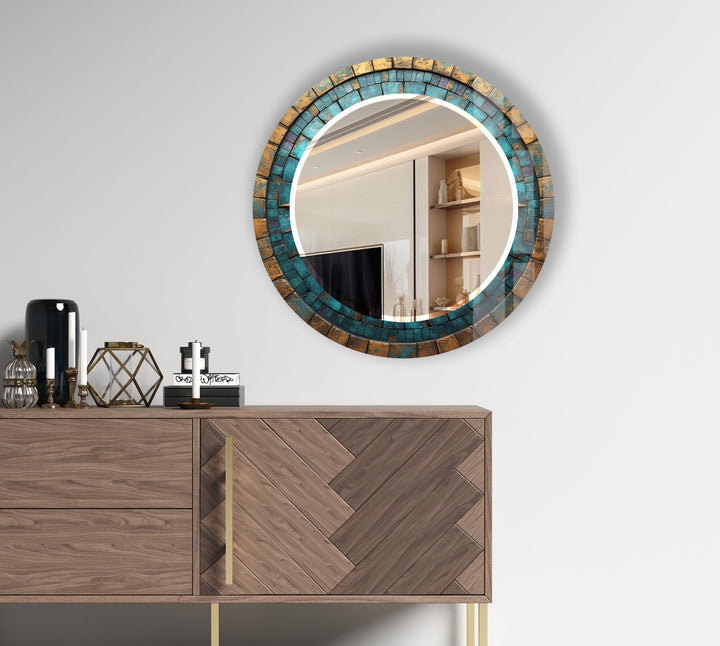 Runder Wandspiegel mit türkis-goldenem Mosaik – Rustikaler Boho-Glasrahmen für die Inneneinrichtung 