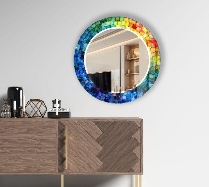 Rainbow Mosaic Glass Wall Mirror – Vibrant Round Frame Accent