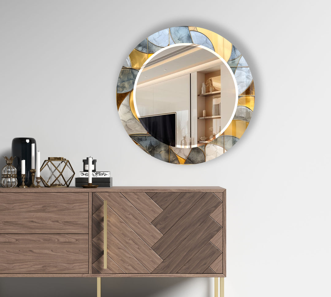 Gold & Blue Round Wall Mirror – Abstract Glass Frame for Decor