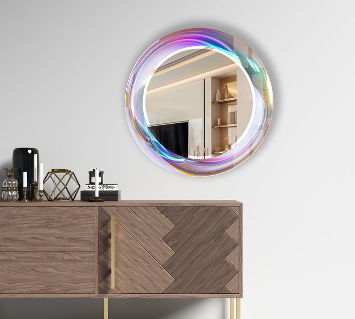 Holographic Swirl Glass Mirror – Iridescent Frame for Modern Decor