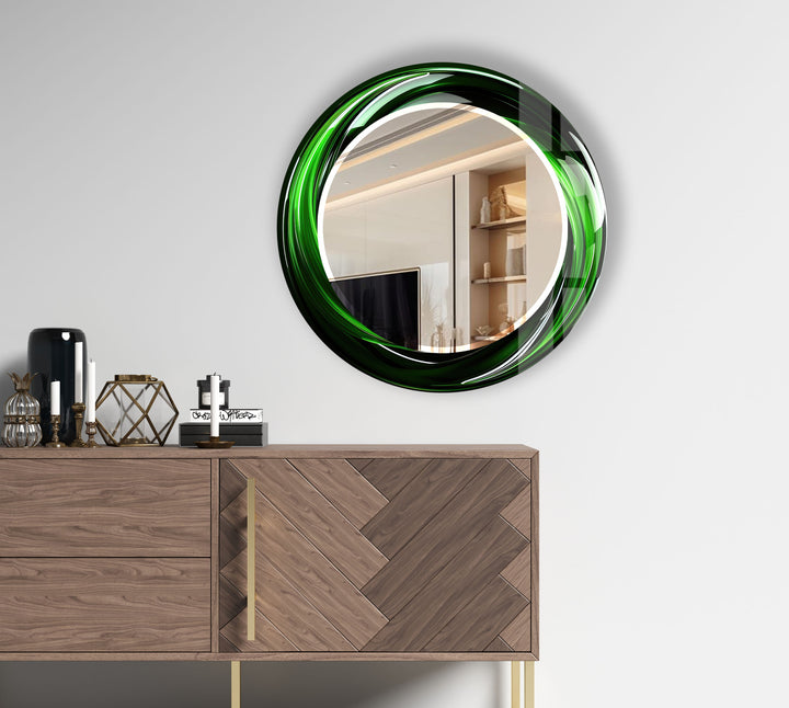 Green Swirl Round Mirror – Bold Glass Frame for Modern Wall Decor