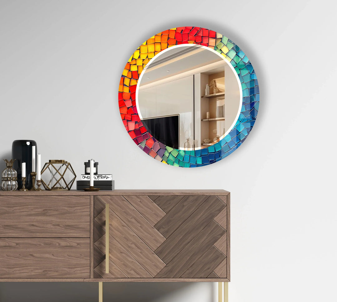 Rainbow Tile Mosaic Mirror – Colorful Round Glass for Wall Decor - MyPhotoStation