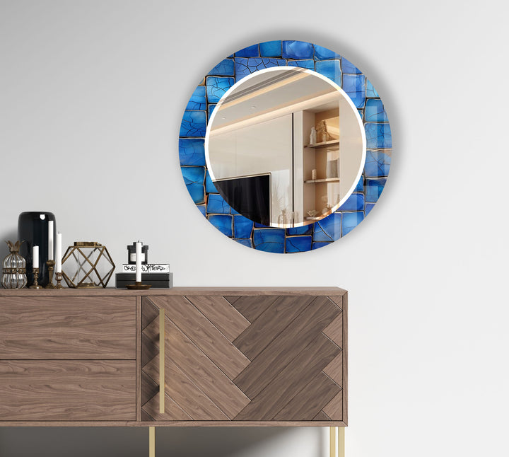 Runder Wandspiegel mit blauem Mosaik – Küstenglasrahmen für moderne Wohndekoration