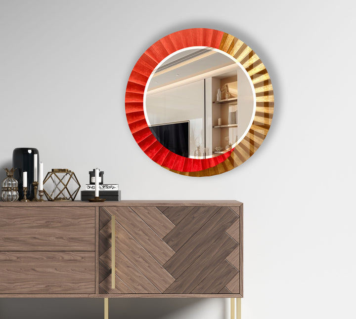 Sunburst Ombre Round Wall Mirror – Red & Gold Frame for Modern Decor
