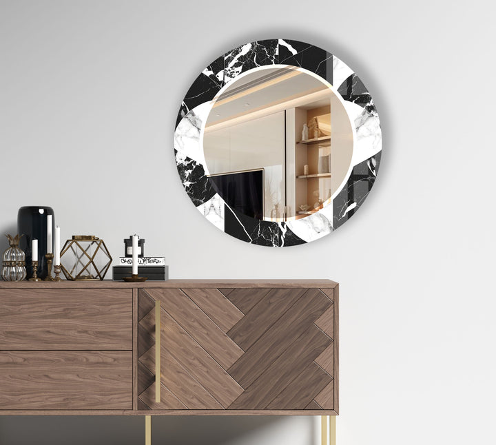 Black & White Marble Round Mirror – Elegant Modern Wall Accent