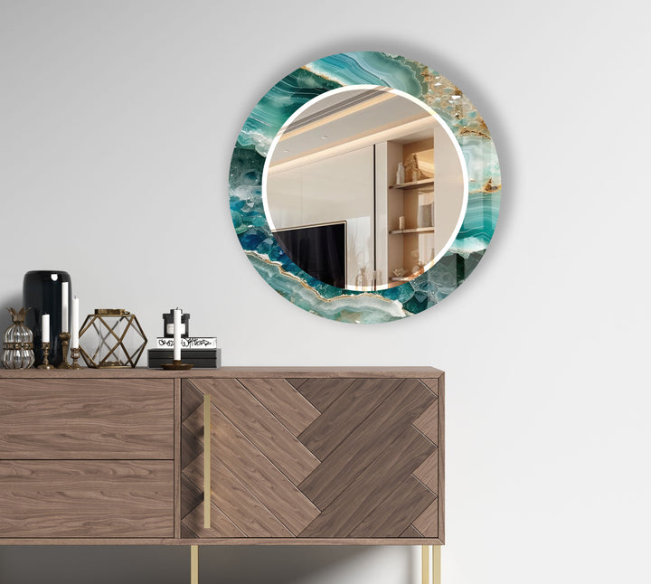 Green Agate Round Wall Mirror – Gemstone Pattern Glass Frame for Boho Interiors