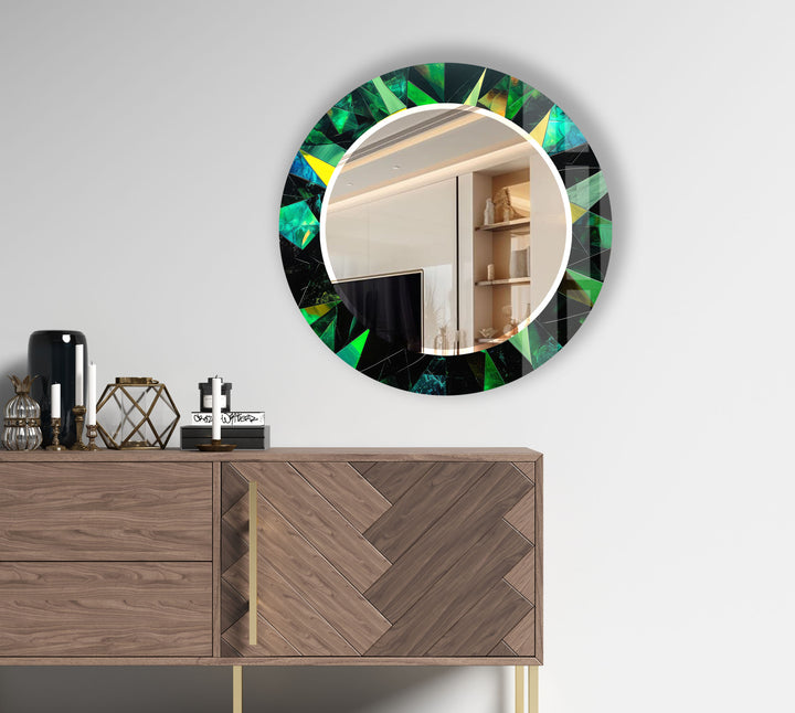 Emerald Geometric Round Mirror – Green Faceted Frame Wall Decor