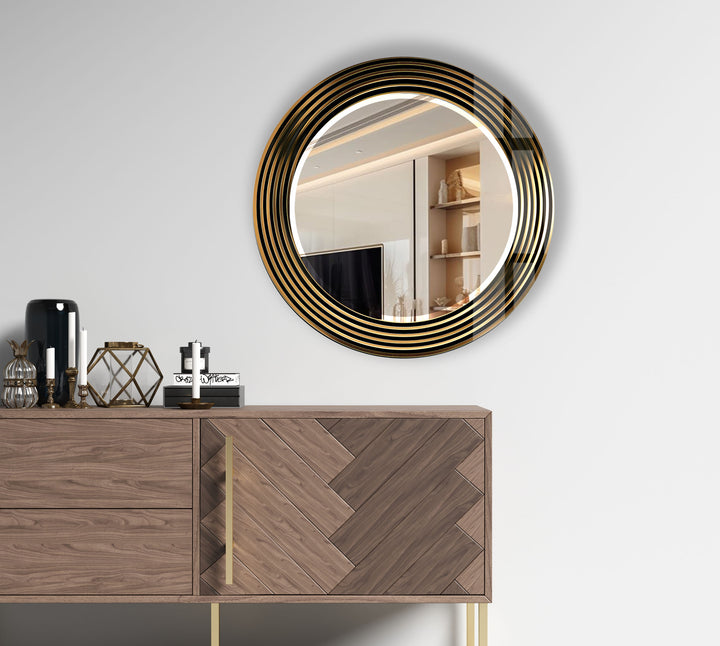 Modern Round Wall Mirror with Gold Striped Frame – Elegant Glass Decor for Living Room